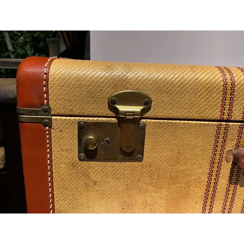 Large striped vintage suitcase great display piece must see brown & rust colors